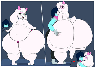anthro belly big_butt blood blush bodily_fluids butt butt_grab clothing duo eyewear glasses hand_on_butt huge_butt kissing male male/male mostly_nude navel nosebleed slightly_chubby thong underwear westrnchilla deltarune undertale_(series) kris_dreemurr ralsei bovid caprine goat human mammal absurd_res comic hi_res
