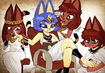:3 accessory anthro armband blue_eyes blue_hair book brown_body brown_eyes brown_fur brown_hair brush brushing brushing_feet brushing_hair chair clothing crossed_legs dress egyptian egyptian_clothing female female/female filing_nails fur furniture gold_(metal) gold_jewelry green_eyes group hair head_ornament headgear headwear jewelry legband markings nails on_chair personal_grooming reading reading_book ring_(marking) ringed_tail servant sitting sitting_on_chair social_grooming sparkles striped_markings striped_tail stripes styling_hair tail tail_markings usekh white_clothing white_dress yellow_body yellow_fur scottyartz animal_crossing nintendo ankha_(animal_crossing) domestic_cat felid feline felis mammal