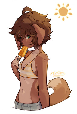 5_fingers anthro biped blue_eyes bottomwear breasts brown_body brown_fur brown_hair brown_tail clothed clothed_anthro clothed_female clothing countershade_fur countershade_torso countershading eating female fingers food front_view fur hair holding_food holding_object holding_popsicle looking_at_viewer navel pants popsicle simple_background small_breasts solo sun tail white_background coffeechicken kess_(coffeechicken) canid canine canis domestic_dog mammal 2025 digital_media_(artwork) hi_res