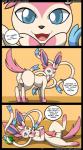 2014 absurd_res accessory animal_genitalia animal_penis anus backsack balls barely_visible_anus blue_eyes bow_ribbon butt canine_genitalia canine_penis comic dialogue dirty_talk eating eeveelution english_text erection fan_character feral food fur generation_6_pokemon genitals gluttony_(kuroodod) hair_accessory hair_bow hair_ribbon hi_res knot kuroodod looking_at_viewer looking_back lying male mammal nintendo nude on_back open_mouth oversexed_eeveelutions penis pink_body pink_fur pokemon pokemon_(species) porn_dialogue presenting ribbons solo speech_bubble standing sylveon tail text white_balls white_body white_fur
