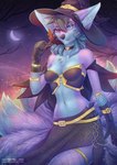 anthro breasts clothed clothing detailed_background eyebrows eyelashes female medium_breasts moon night outside sky smile solo star starry_sky naiterion midna_oceana canid canine mammal 2018 digital_media_(artwork)