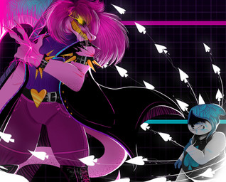 abstract_background anthro armband axe bare_arms belt_buckle blood blue_blood bodily_fluids bracelet buckle claws clothing colored_blood crying drooling duo female glowing glowing_eyes hair heart_symbol hidden_eyes jacket jewelry larger_female long_claws long_tail male melee_weapon no_pupils pink_body pink_hair pink_skin saliva scrape sharp_teeth shirt size_difference slightly_chubby smaller_male spades_(suit) spiked_armband spiked_bracelet spikes suit_symbol tail tank_top tears teeth tongue tongue_out topwear torn_sleeves unusual_blood unusual_bodily_fluids weapon white_body white_skin yellow_eyes sparkill deltarune undertale_(series) lancer_(deltarune) susie_(deltarune) darkner humanoid reptile scalie restricted_palette