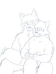 anthro clothed clothing controller duo gaming hand_on_knee hand_on_leg holding_another male male/male on_lap sitting_on_lap smile topless topless_anthro topless_male tuft underwear mrjosh47 password_(visual_novel) dave_(password) tyson_(password) canid canine canis hyena mammal wolf 3:4 absurd_res hi_res