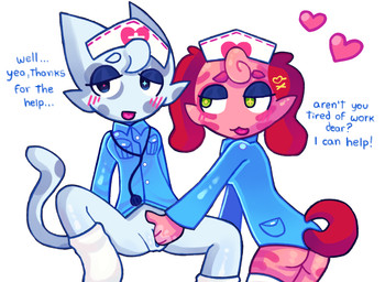 anthro blush bottomless butt clothed clothing dialogue duo female female/female flirting footwear genitals looking_at_another masturbation nurse_clothing nurse_uniform socks text uniform vaginal vulva kottiechii animal_hospital roblox head_nurse_(animal_hospital) nurse_(animal_hospital) canid canine canis domestic_cat domestic_dog felid feline felis mammal english_text hi_res