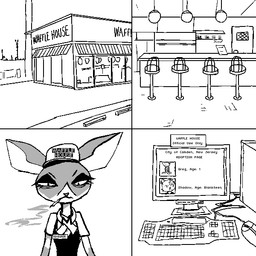 adoption age_difference anthro building cigarette clothing computer electronics eyelashes female hairless hat hatwear headgear headwear older_female restaurant smoking smoking_cigarette solo tail text uniform young naircat waffle_house femnair domestic_cat felid feline felis hairless_cat mammal sphynx_(cat) 1:1 aliasing binary_drawing comic digital_drawing_(artwork) digital_media_(artwork) english_text monochrome