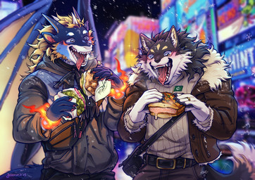 5_fingers anniversary anthro belt blue_body blue_fur blush blush_lines bodily_fluids bottomwear breath city city_background cityscape claws clothing coat digit_ring dotonbori dragon_wings duo fangs finger_claws fingers fluffy fluffy_tail food fur grey_body grey_fur holding_food holding_object jewelry love male male/male membrane_(anatomy) membranous_wings night open_mouth osaka_(city) outside pants ring saliva saliva_on_tongue snow snowflake snowing tail teeth text tongue tongue_out topwear wedding_ring white_body white_fur wings winter winter_coat yellow_eyes yoonkie mythology teryx favonius solaris teryx_commodore canid canine canis dragon mammal mythological_creature mythological_scalie scalie sun_dragon wolf english_text hi_res