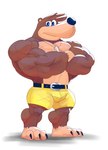 anthro barazoku belt biceps big_muscles bottomwear bulge claws clothed clothing crossed_arms frown fur huge_muscles jewelry looking_at_viewer male muscular muscular_anthro muscular_male necklace pecs shorts simple_background solo standing thick_thighs topless topless_male triceps tuft white_background dumbandgreen banjo-kazooie rareware banjo_(banjo-kazooie) bear mammal 2021 absurd_res hi_res