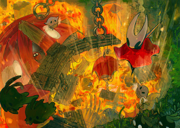 2_horns ambiguous_gender anthro black_body black_eyes chain cloak clothed clothing detailed_background empty_eyes feral floating flying group horn lava plant red_cloak red_clothing tent wind wings blipbugbug hollow_knight:_silksong hollow_knight_(franchise) team_cherry hornet_(hollow_knight) seamstress_(hollow_knight:_silksong) arthropod 2025 hi_res