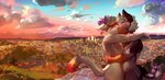 2023 anthro anthro_on_anthro blue_sky canid canine casual_nudity cloud detailed_background domestic_cat duo eyes_closed felid feline felis fur grey_body grey_fur hair hi_res hug kissing male male/male mammal multicolored_hair nude nude_male orange_body orange_fur orange_sky oselotti outdoor_nudity outside rainbow_hair revy_(revy) short_hair side_view signature sky social_nudity standing white_body white_fur white_hair