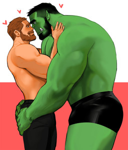 beard big_muscles black_bottomwear black_clothing black_hair black_pants blush bottomwear brown_hair bulge clothed clothing duo eye_contact facial_hair green_body green_skin hair heart_symbol holding_butt holding_partner human_on_humanoid imminent_kiss interspecies intimate larger_humanoid larger_male looking_at_another male male/male mostly_nude muscular muscular_human muscular_humanoid muscular_male mustache pants pecs romantic romantic_couple size_difference smaller_human smaller_male topless tusks underwear underwear_only dopq human humanoid mammal orc hi_res