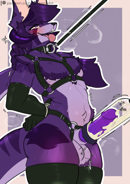 bodily_fluids chest_harness cum genital_fluids genitals harness humanoid_genitalia humanoid_penis leash leash_pull looking_pleasured machine male milking_machine penile penis penis_milking solo skylosminkan beam_(centrix) absurd_res hi_res