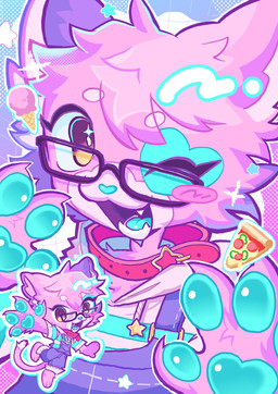 3_toes 4_fingers anthro biped blue_body blue_clothing blue_fur blue_nose blue_pawpads blue_shirt blue_tongue blue_topwear chibi claws clothed clothing collar dessert dipstick_tail eyewear facial_markings fangs feet fingers food fur glasses head_markings heart_(marking) heart_symbol ice_cream looking_at_viewer male markings multicolored_body multicolored_fur one_eye_closed open_mouth open_smile overalls pattern_clothing pattern_shirt pattern_topwear pawpads paws pink_body pink_fur pink_tail pizza red_collar sharp_teeth shirt smile solo sparkles star sticker striped_clothing striped_shirt striped_topwear stripes tail tail_markings teeth toes tongue toony topwear white_body white_clothing white_fur white_shirt white_tail white_topwear wink azuma_121 august_(meowmcmeow) domestic_cat felid feline felis mammal absurd_res digital_media_(artwork) hi_res multiple_images