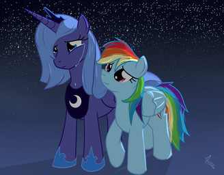 blue_body blue_eyes blue_feathers blue_fur blue_hair bodily_fluids cosmic_background cutie_mark duo feathered_wings feathers female feral fur hair horn multicolored_hair multicolored_tail pink_eyes rainbow_hair rainbow_tail simple_background star tail tears toony wings tyruas friendship_is_magic hasbro my_little_pony mythology princess_luna_(mlp) rainbow_dash_(mlp) equid equine mammal mythological_creature mythological_equine pegasus winged_unicorn source_request