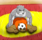 anthro black_nose brown_body brown_fur butt duo eyes_closed fur grey_body grey_fur humanoid_hands kemono male slightly_chubby wrestling wrestling_singlet hasukichi canid canine canis mammal wolf 2010