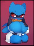 anthro big_breasts biped breasts cleavage clothed clothing female kneeling looking_at_viewer open_mouth short_stack simple_background solo honeycalamari nintendo pokemon canid canine generation_4_pokemon mammal pokemon_(species) riolu 2018 digital_media_(artwork)