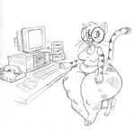 anthro bodily_fluids bottom_heavy braces breasts chair cleavage clothed clothing computer computer_monitor electronics eyewear female floppy_disk floppy_disk_drive fur furniture glasses keyboard medium_breasts overweight overweight_anthro overweight_female phone saliva short_stack sitting solo striped_body striped_fur stripes thick_thighs wide_hips vdisco cathy_(vdisco) domestic_cat felid feline felis mammal black_and_white hi_res monochrome traditional_media_(artwork)