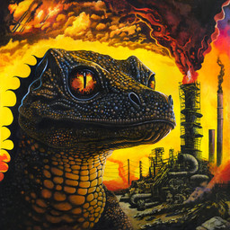 ambiguous_gender black_smoke detailed_background feral fire orange_sclera pollution pupils scales slit_pupils smoke solo jason_galea king_gizzard_and_the_lizard_wizard petrodragonic_apocalypse lizard reptile scalie 1:1 2023 absurd_res album_cover cover hi_res
