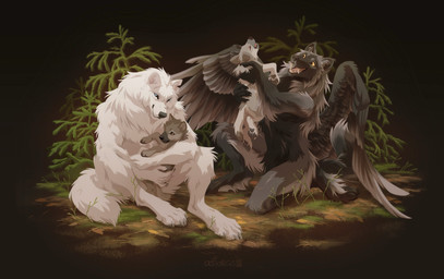 anthro black_body black_fur blue_eyes claws feathered_wings feathers female feral fur grey_body grey_fur group holding_child kneeling male open_mouth open_smile paws plant sitting smile tail teeth white_body white_fur wings yellow_eyes young young_feral astarcis mythology grym canid canine canis mammal mythological_canine mythological_creature werecanid werecanine werecreature werewolf wolf 2026 digital_media_(artwork) signature father_(lore) father_and_child_(lore) mother_(lore) mother_and_child_(lore) parent_(lore) parent_and_child_(lore)