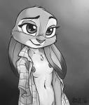 anthro areola bottomless breasts chest_tuft clothed clothing dipstick_ears ear_markings ears_down female fur gradient_background grey_background long_ears multicolored_ears navel nipples open_clothing open_shirt open_topwear pivoted_ears shirt simple_background small_breasts solo topwear tuft sankam disney zootopia judy_hopps lagomorph leporid mammal rabbit 2016 greyscale half-length_portrait monochrome portrait