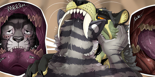 anthro anthro_on_anthro big_fangs black_nose blush cutaway duo fangs french_kissing fur green_body green_fur grey_body grey_fur head_in_mouth kissing male male/male male_anthro narrowed_eyes orange_eyes pupils simple_background slit_pupils striped_arms striped_neck teeth tongue_in_mouth whiskers white_eyes swampjaws swamp_jaws_(imperatorcaesar) felid mammal hi_res