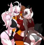 anthro black_sclera blush bra breasts brown_hair butt clothed clothing curvy_figure cute_fangs eyes_closed fangs female female/female fluffy fluffy_tail fur grey_body grey_fur grope group hair hand_on_breast horn kissing orange_body orange_fur panties purple_eyes red_eyes spade_tail standing tail teeth thick_thighs tongue tongue_out underwear white_body white_fur white_hair wide_hips sagestrike2 fulvus sakuya_(sagestrike2) umbra_(sagestrike2) canid canine demon felid feline fox mammal 2019 absurd_res hi_res