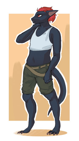 ambiguous_gender anthro barefoot black_body border bottomwear clothing digitigrade feet hair midriff outline red_eyes red_hair shirt shorts solo standing tank_top topwear white_border white_outline skalamari project_silverfish the_castaway_(project_silverfish) inheritor lizard reptile scalie 2026 hi_res