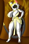 anthro big_breasts breasts clothing colored_nails dominant female hair halo jewelry machine mostly_nude nails paws pose robe simple_background smile solo tail thick_thighs genosladart protogen absurd_res colored digital_drawing_(artwork) digital_media_(artwork) hi_res pinup shaded