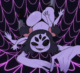 5_eyes 6_arms anthro ass_up beady_eyes big_butt black_clothing black_eyes black_footwear black_hair black_shoes black_thong black_underwear butt clothing eyelashes fangs female fishnet_clothing fishnet_legwear footwear front_view hair hand_on_butt legwear lying multi_arm multi_eye multi_limb on_front open_mouth open_smile pigtails pink_bow purple_background purple_body short_hair simple_background smile solo spider_web teeth thick_thighs thong underwear wide_hips dewmel undertale undertale_(series) muffet arachnid arthropod spider