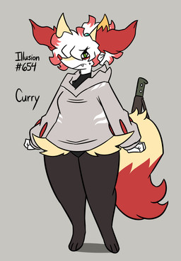 3_toes anthro big_tail biped black_body black_clothing black_leotard bodily_fluids breasts cheek_tuft closed_frown clothed clothed_anthro clothed_female clothing cute_fangs dipstick_tail ear_tuft eyebrow_through_hair eyebrows eyeliner facial_tuft fangs feet female female_anthro fluffy fluffy_tail front_view frown fully_clothed fully_clothed_anthro fully_clothed_female fur green_eyes grey_clothing grey_hoodie grey_topwear hair highlights_(coloring) hip_tuft hoodie illusion inner_ear_fluff leotard looking_at_viewer makeup markings medium_breasts mouth_closed multicolored_body multicolored_fur object_in_tail orange_body orange_fur orange_highlights orange_inner_ear_fluff orange_nose orange_tail_tip pokedex_number pokemorph ponytail red_body red_eyeliner red_fur shadow simple_background solo standing sweat sweatdrop tail tail_markings tapering_snout teeth text toes topwear translucent translucent_hair tuft two_tone_tail weapon white_body white_fur white_hair white_sclera yellow_body yellow_ears yellow_fur yellow_tail nerdyreindeer nintendo pokemon curry_(nerdyreindeer) emma_(nerdyreindeer) braixen canid generation_6_pokemon generation_8_pokemon hisuian_form hisuian_zoroark hybrid mammal pokemon_(species) regional_form_(pokemon) 2026 colored digital_drawing_(artwork) digital_media_(artwork) english_description english_text flat_colors full-length_portrait portrait