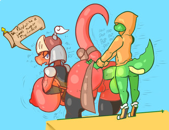 all_fours anal annoyed anthro armor balls big_breasts big_butt big_penis breasts butt claws clothing doggystyle duo early_modern_english erection female female_penetrated from_behind_position genitals green_body green_skin headgear heart_symbol helmet hoodie huge_breasts huge_butt huge_penis hyper hyper_breasts hyper_genitalia hyper_penis knight larger_female long_tail male male/female male_penetrating male_penetrating_female nipples non-mammal_balls non-mammal_breasts non-mammal_nipples penetration penis red_body red_skin scroll sex size_difference smaller_male tail text topwear vulva warrior sirphilliam red_knight_(sirphilliam) kobold lizard reptile scalie english_text