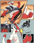 abs angry anthro bodily_fluids clothed clothing drooling duo featureless_crotch fight fist forest fur gloves grey_body grey_fur grey_wings hair handwear male open_mouth plant punch saliva standing sweat sweatdrop text topless topless_male tree white_hair wings 60percentscalie dovak vauruk bat demon mammal scalie comic english_text hi_res
