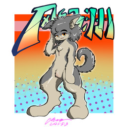 anthro collar countershading crotch_tuft female grey_body hand_on_head kemono looking_at_viewer open_mouth red_eyes scar solo standing surgical_suture tail thick_thighs tuft peakon feng_ji_zhou li_jin_hua canid canine canis domestic_dog mammal 1:1 2025 dated hi_res