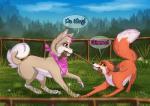2014 abby ashton black_nose canine cloud dog english_text eye_contact fangs female fence feral fox grass male mammal outside pawpads paws pink_eyes playing rope rukifox scarf sky text tree yellow_eyes
Rating: Safe
Score: 17
User: Finchmaster
Date: February 28, 2014
