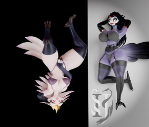 anthro armwear big_breasts bikini bird's-eye_view black_armwear black_clothing black_elbow_gloves black_fingerless_gloves black_gloves black_hair black_handwear black_legwear black_talons black_thigh_highs breasts clothing crossgender duo elbow_gloves eyelashes feather_hair feathers female fingerless_gloves glistening glistening_body gloves glowing glowing_eyes grey_bikini grey_clothing grey_swimwear hair hand_behind_head hand_on_crotch hands_behind_head handwear high-angle_view legwear long_hair looking_at_viewer lying married_couple mtf_crossgender navel non-mammal_breasts non-mammal_navel on_back open_mouth open_smile pink_sclera pseudo_hair purple_bikini purple_body purple_clothing purple_swimwear red_sclera skindentation smile smiling_at_viewer swimwear tail tail_feathers thick_thighs thigh_highs thigh_strap toeless_thigh_highs translucent_thigh_highs two-piece_swimsuit ventral_groove white_body white_feathers wide_hips wife_and_wife impaer_jaster samzan_(modeler) valorlynz_(modeler) hellaverse helluva_boss stella_(helluva_boss) stolas_(helluva_boss) anatid anseriform anserine avian bird demon owl swan 2026 3d_(artwork) digital_media_(artwork) full-length_portrait hi_res portrait watermark