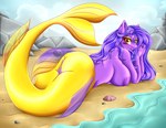 anthro anus areola beach big_areola big_breasts breasts detailed_background female fin genitals hair huge_breasts long_hair looking_at_viewer looking_back looking_back_at_viewer multicolored_body nipples outside purple_anus purple_body purple_hair purple_pussy pussy rear_view seaside solo split_form two_tone_body yellow_body yellow_eyes mailner equid equine fish horse mammal marine merfolk absurd_res hi_res