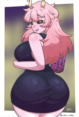 animal_print big_breasts big_butt black_clothing black_dress black_sclera blush breasts butt butt_focus clothed clothing dress female hair handbag horn leopard_print looking_at_viewer looking_back not_furry pink_body pink_hair pink_skin side_boob smile smiling_at_viewer solo tight_clothing yellow_eyes millow my_hero_academia ashido_mina horned_humanoid human humanoid mammal digital_media_(artwork) hi_res signature