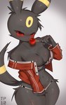 absurd_res anthro big_breasts black_body black_fur bottomwear breasts candy cleavage clothed clothing dessert eeveelution female food fur generation_2_pokemon hi_res huge_breasts jacket lollipop looking_at_viewer mammal nintendo pokemon pokemon_(species) simple_background smile solo tongue tongue_out topwear tp10 umbreon