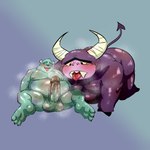 after_oral all_fours anthro balls barazoku belly blue_body blue_fur blush bodily_fluids duo erection fur genitals horn male male/male markings musk musk_clouds nipples obese obese_anthro obese_male oral overweight overweight_anthro overweight_male penis purple_body purple_fur saliva saliva_string size_difference spots spotted_body spotted_fur samonaa2 cartoon_network disney foster's_home_for_imaginary_friends monsters_inc pixar eduardo_(fhfif) sulley monster hi_res