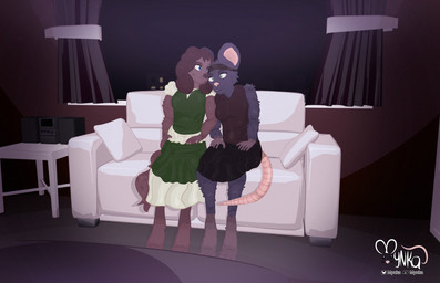 anthro blind bottomwear brown_body brown_fur clothed clothing disability duo female fur furniture leaning_on_another living_room night on_sofa romantic romantic_couple sitting sitting_on_sofa skirt sofa topwear mynka blind_trust_(series) ella_(mynka) quin_(mynka) bird_dog canid canine canis domestic_dog hunting_dog labrador mammal mouse murid murine retriever rodent digital_media_(artwork) hi_res mixed_media story story_in_description trans_(lore) trans_woman_(lore)