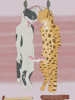 4_toes 5_fingers animal_genitalia animal_penis asphyxiation balls barefoot bdsm black_body black_fur black_stripes blue_eyes blue_sclera bodily_fluids bondage bound brown_spots brown_stripes cum cum_drip cum_in_mouth cum_inside cum_on_body cum_on_leg cum_on_penis cum_on_tongue death digitigrade dripping duo erection eyebrows feet feline_genitalia feline_penis fingers fur fuzzy genital_fluids genitals hands_behind_back hanged inner_ear_fluff male male/male markings multicolored_body multicolored_fur noose nude open_mouth orange_nose orgasm pawpads penis pink_ears pink_pawpads pink_penis restraints rope rope_bondage sheath simple_background spots spotted_body spotted_fur stripes suicide tail teeth toes tongue tongue_out tuft whiskers white_body white_eyebrows white_fur yellow_body yellow_eyes yellow_fur yellow_sclera chuchochi domestic_cat felid feline felis mammal absurd_res hi_res