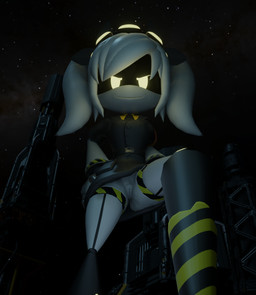 black_clothing clothed clothing female flashing flashing_pussy genitals glowing glowing_eyes hair machine no_underwear presenting presenting_vulva raised_leg smile smirk smug solo thick_thighs upskirt vulva white_body white_hair wide_hips lorded glitch_productions murder_drones j_(murder_drones) android humanoid robot 3d_(artwork) absurd_res digital_media_(artwork) hi_res