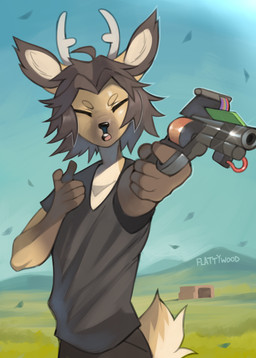 5_fingers anthro antlers biped bottomwear clothed clothed_anthro clothed_male clothing day fingers front_view fully_clothed fully_clothed_anthro fully_clothed_male gun hair horn male outside ranged_weapon sky solo standing tail teeth tongue tool_gun topwear weapon yarney garry's_mod deer mammal 2026 absurd_res digital_drawing_(artwork) digital_media_(artwork) hi_res