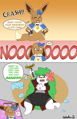 bell bodily_fluids bow_ribbon cross-popping_vein dialogue dipstick_tail duo embarrassed jingle_bell lying_on_ground markings melee_weapon on_ground pokemorph red_eyes sword tail tail_markings tears text weapon fokkorev nintendo pokemon clove_(fokkorev) melia_(fokkorev) eevee generation_1_pokemon generation_4_pokemon land_forme_shaymin legendary_pokemon pokemon_(species) shaymin absurd_res comic english_text hi_res