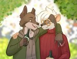 alcohol anthro beer beer_bottle beverage bottle cigarette clothing container duo eyewear forest forest_background glasses green_clothing green_jacket green_topwear jacket male male/male nature nature_background plant red_clothing red_eyes red_sweater red_topwear red_turtleneck smile sweater topwear tree turtleneck redmanart warhammer_(franchise) lynne_(skittersqueak) renauld_ambrose_(coyote_6) canid canine canis coyote mammal rodent skaven hi_res