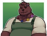 ahoge anthro belly brown_body brown_fur brown_hair clothing fangs flower fur green_background green_clothing green_topwear hair male muscular muscular_male plant simple_background solo teeth topwear dynogreeno bear mammal ursine hi_res