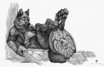 anthro armor beverage biceps black_nose claws digitigrade drinking_horn drunk eyes_closed fur holding_melee_weapon holding_object holding_sword holding_weapon horn male melee_weapon muscular muscular_anthro muscular_male nude pawpads paws plant shield simple_background sleeping solo substance_intoxication sword torc tree viking weapon white_background simul canid canine canis mammal wolf 2017 graphite_(artwork) monochrome traditional_media_(artwork) unavailable_at_source