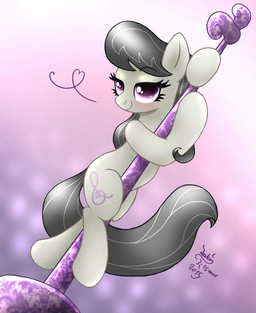 black_hair cutie_mark dancing female feral fur grey_body grey_fur hair heart_symbol looking_at_viewer pole pole_dancing purple_eyes simple_background smile solo joakaha friendship_is_magic hasbro my_little_pony octavia_(mlp) earth_pony equid equine horse mammal pony 2015 hi_res