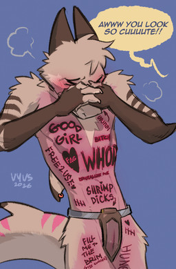 andromorph animal_genitalia anthro bdsm belly_tattoo blue_background blush brown_body chastity_belt chastity_belt_only chastity_device chastity_device_only chest_tattoo covering covering_face covering_self degradation degrading_tattoo embarrassed eyes_closed featureless_chest femboy fin fin_piercing fin_ring flustered fur furgonomic_piercing furgonomics genital_slit genitals good_girl grey_body grey_fur hand_on_face heart_symbol homophobic_slur humiliation humiliation_fetish intersex leg_tattoo male male_anthro misgendering multicolored_body nude nude_andromorph nude_anthro piercing pink_body shaved simple_background slim_andromorph slim_anthro small_waist solo standing submissive submissive_andromorph submissive_anthro submissive_intersex tally_marks tattoo vulva wearing_chastity_belt wearing_chastity_device vyvs aquatic fish furred_shark shark 2026 hi_res
