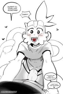 anthro blush chastity_cage chastity_device chastity_strap clothing dialogue duo heart_symbol male open_mouth smile speech_bubble text thought_bubble sincastermon bloons_tower_defense ninja_kiwi alchemist_(bloons) druid_(bloons) strych_(sincastermon) vanilla_(sincastermon) haplorhine mammal monkey primate english_text hi_res