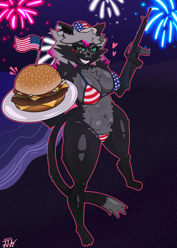 american_flag american_flag_bikini anthro assault_rifle bikini burger clothing crotch_tuft ear_piercing eyebrow_piercing facial_piercing female fireworks flag_bikini flag_swimwear food fur fur_tuft green_eyes grey_body grey_fur grey_hair gun hair hat headgear headwear heart_symbol holding_object holding_weapon holidays lip_piercing looking_at_viewer m16 makeup navel navel_piercing nose_piercing piercing ranged_weapon rifle smile solo swimwear tail tuft two-piece_swimsuit united_states_of_america weapon jizothewanderer 4th_of_july dusty_(jizothewanderer) domestic_cat felid feline felis mammal absurd_res hi_res